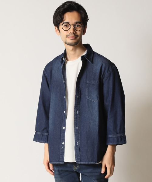 セール】レギュラーカラー ウォッシュ加工7分袖 デニムシャツ