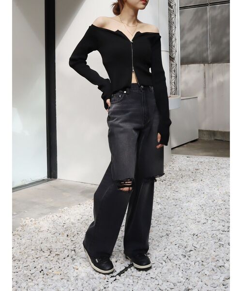 EVRIS（エヴリス）の「フロントジップオフショルニットトップス（ニット/セーター・レディース・ブラック/イエロー/ホワイト・FREE）」の13枚目の写真