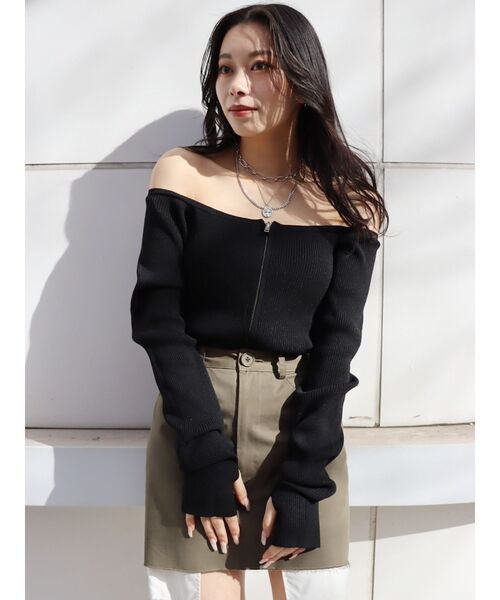 EVRIS（エヴリス）の「フロントジップオフショルニットトップス（ニット/セーター・レディース・ブラック/イエロー/ホワイト・FREE）」の18枚目の写真