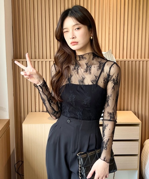 SHEPP(シープ)の「ハイネック フラワー柄 レースシアーカットソー(Tシャツ/カットソー・レディース・ブラウン/ホワイト・F)」の18枚目の写真