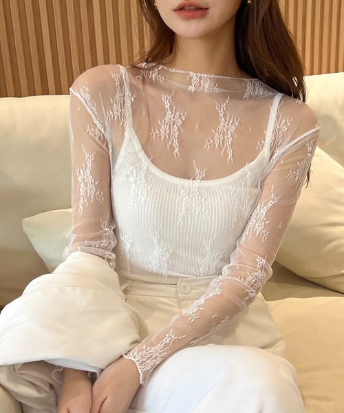 SHEPP(シープ)の「ハイネック フラワー柄 レースシアーカットソー(Tシャツ/カットソー・レディース・ブラウン/ホワイト・F)」の10枚目の写真