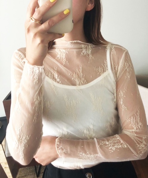 SHEPP(シープ)の「ハイネック フラワー柄 レースシアーカットソー(Tシャツ/カットソー・レディース・ブラウン/ホワイト・F)」の11枚目の写真