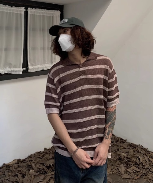 MGV（エムジーヴィー）の「Striped Polo Knit（ポロシャツ・メンズ・グレー/ブラック/ブラウン・MEDIUM/LARGE/X-LARGE）」の12枚目の写真