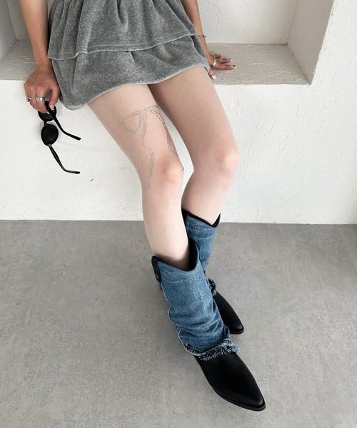 リボンモチーフラインストーンストッキング（タイツ/ストッキング