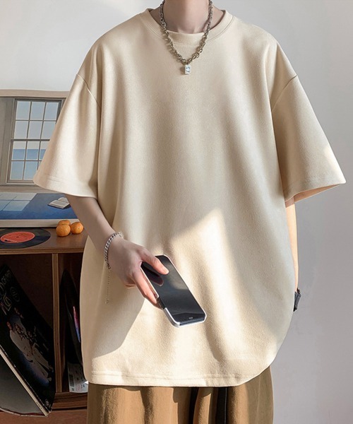 AsaAura(アサオーラ)の「メンズtシャツ 半袖 スエード調Tシャツ(Tシャツ/カットソー・メンズ・グレイッシュベージュ/ブルー/ブラウン/ベージュ/ブラック/ネイビー・FREE)」の4枚目の写真