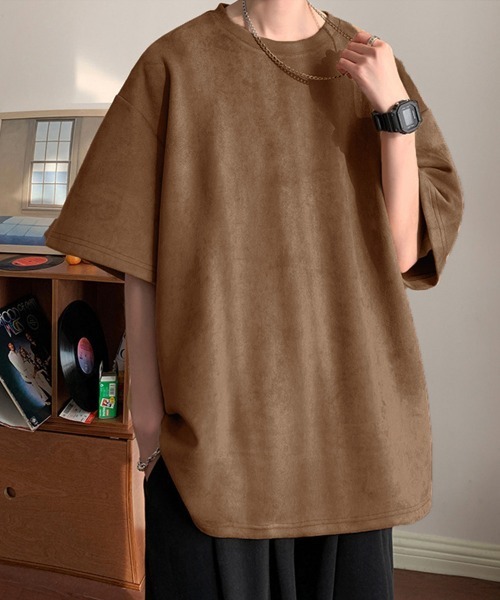 AsaAura(アサオーラ)の「メンズtシャツ 半袖 スエード調Tシャツ(Tシャツ/カットソー・メンズ・グレイッシュベージュ/ブルー/ブラウン/ベージュ/ブラック/ネイビー・FREE)」の3枚目の写真