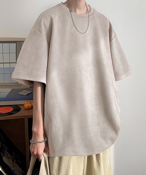 AsaAura(アサオーラ)の「メンズtシャツ 半袖 スエード調Tシャツ(Tシャツ/カットソー・メンズ・グレイッシュベージュ/ブルー/ブラウン/ベージュ/ブラック/ネイビー・FREE)」の5枚目の写真