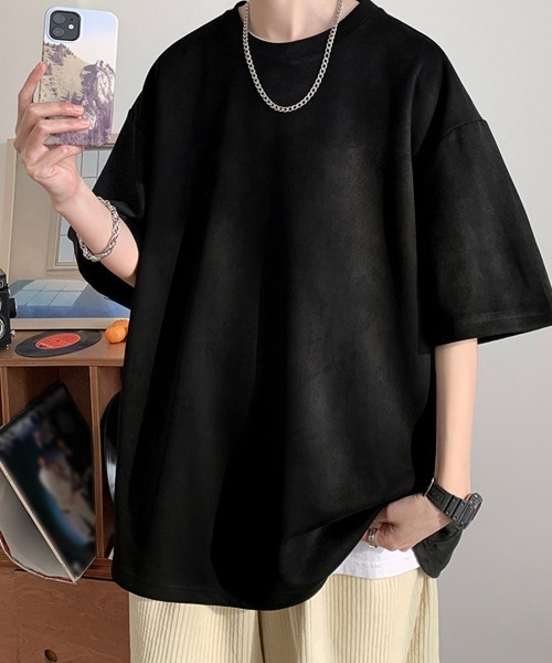 AsaAura(アサオーラ)の「メンズtシャツ 半袖 スエード調Tシャツ(Tシャツ/カットソー・メンズ・グレイッシュベージュ/ブルー/ブラウン/ベージュ/ブラック/ネイビー・FREE)」の2枚目の写真