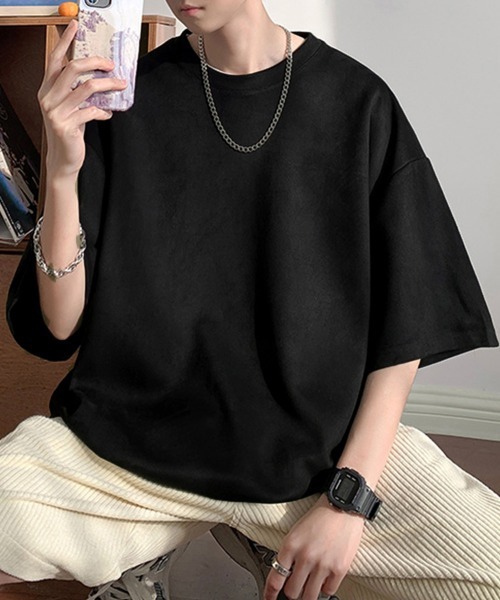 AsaAura(アサオーラ)の「メンズtシャツ 半袖 スエード調Tシャツ(Tシャツ/カットソー・メンズ・グレイッシュベージュ/ブルー/ブラウン/ベージュ/ブラック/ネイビー・FREE)」の8枚目の写真