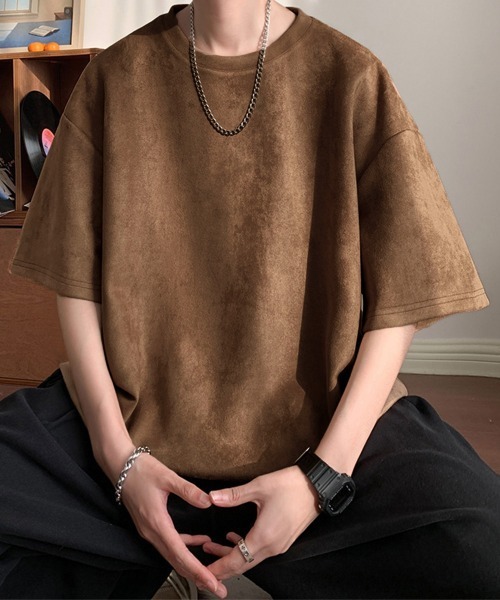 AsaAura(アサオーラ)の「メンズtシャツ 半袖 スエード調Tシャツ(Tシャツ/カットソー・メンズ・グレイッシュベージュ/ブルー/ブラウン/ベージュ/ブラック/ネイビー・FREE)」の14枚目の写真