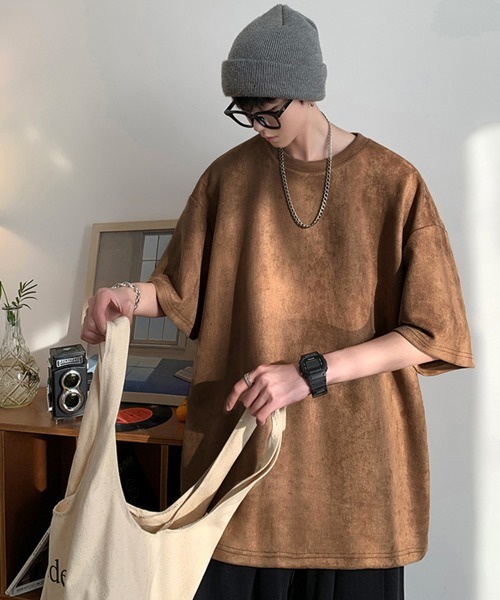 AsaAura(アサオーラ)の「メンズtシャツ 半袖 スエード調Tシャツ(Tシャツ/カットソー・メンズ・グレイッシュベージュ/ブルー/ブラウン/ベージュ/ブラック/ネイビー・FREE)」の15枚目の写真