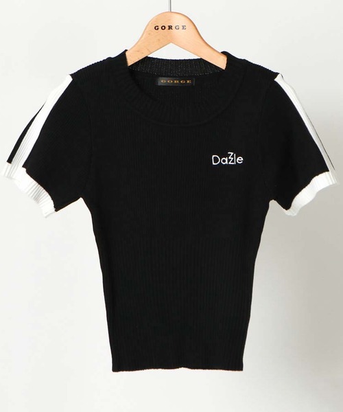 Lサイズ　◆刺繍半袖プルオーバーSHIRTS-BLACK セール】ライン刺しゅう半袖ニットプルオーバー（Tシャツ