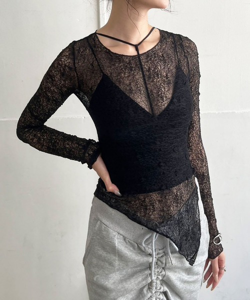 Jewelobe(ジュエローブ)の「イレヘムシアーレーストップス(Tシャツ/カットソー・レディース・ブラック/オフホワイト/ブラウン・FREE)」の1枚目の写真