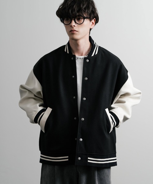 Rocky Monroe（ロッキーモンロー）の「オーバーサイズテックメルトン/PUレザー切替スタジャン（スタジャン・メンズ・ネイビー/ブラウン/ブラック×ホワイト/ブラック/ホワイト×ブラック/ブラック×ブラック・M/L/XL）」の12枚目の写真