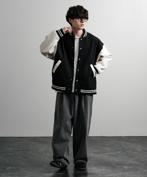 Rocky Monroe（ロッキーモンロー）の「オーバーサイズテックメルトン/PUレザー切替スタジャン（スタジャン・メンズ・ネイビー/ブラウン/ブラック×ホワイト/ブラック/ホワイト×ブラック/ブラック×ブラック・M/L/XL）」の13枚目の写真
