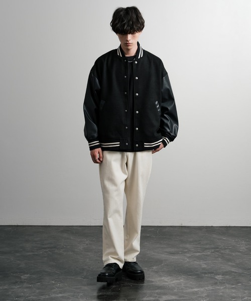 オーバーサイズテックメルトン/PUレザー切替スタジャン（スタジャン