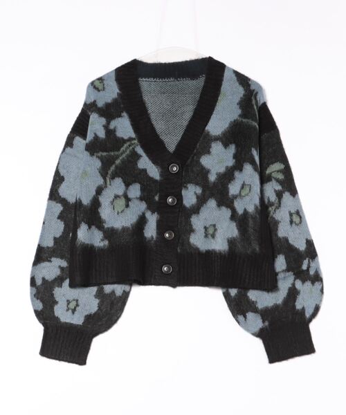 STYLEBLOCK(スタイルブロック)の「花柄ジャガード起毛ニットショート丈カーディガン(カーディガン/ボレロ・レディース・ブルー/ブラック/オフホワイト/ピンク・M)」の6枚目の写真