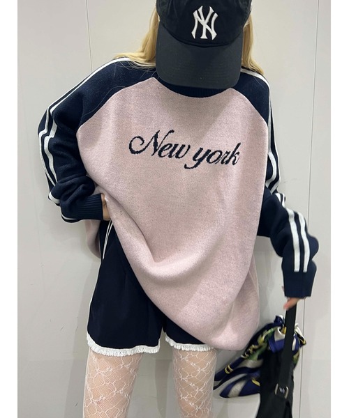 WC（ダブル シー）の「2ラインジャガードラグランビッグニット（ニット/セーター・レディース・ブラック/ピンク・FREE）」の2枚目の写真