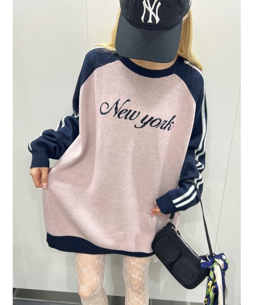 WC（ダブル シー）の「2ラインジャガードラグランビッグニット（ニット/セーター・レディース・ブラック/ピンク・FREE）」の3枚目の写真