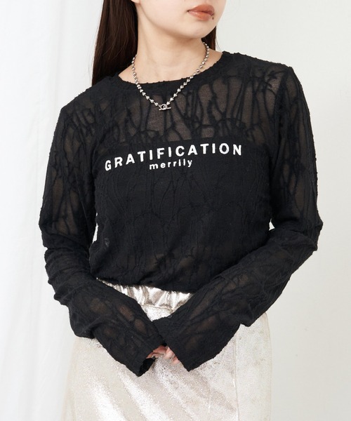 RAY CASSIN（レイカズン）の「レースプリントシアーロングTシャツ（Tシャツ/カットソー・レディース・ブラック/アイボリー/レッド/ブラウン・FREE）」の3枚目の写真