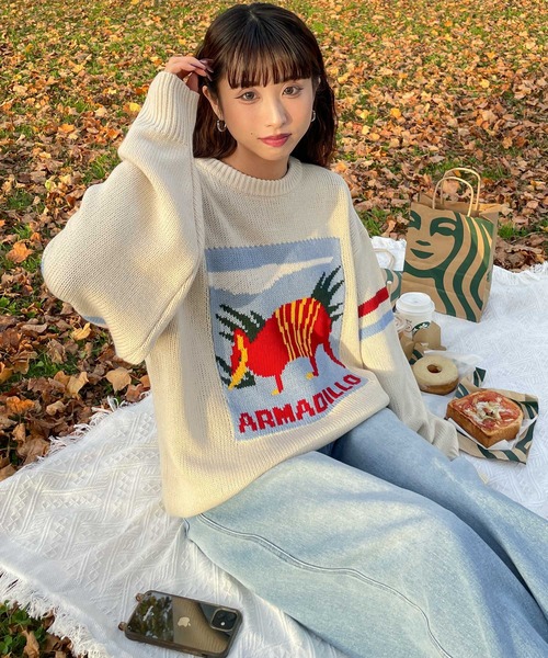 Chillfar（チルファー）の「ロゴジャガードライン入りニット（ニット/セーター・レディース・ネイビー/アイボリー/グレー・FREE）」の2枚目の写真