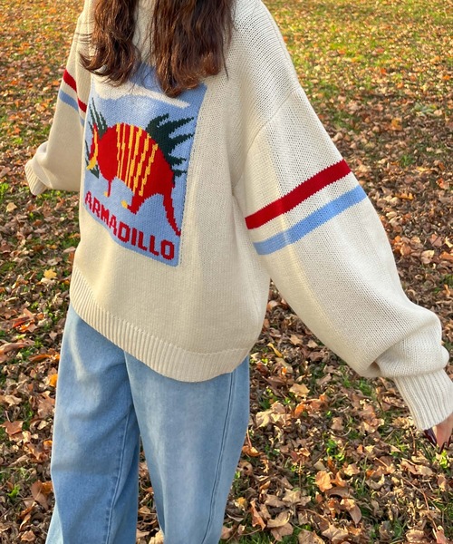 Chillfar（チルファー）の「ロゴジャガードライン入りニット（ニット/セーター・レディース・ネイビー/アイボリー/グレー・FREE）」の5枚目の写真