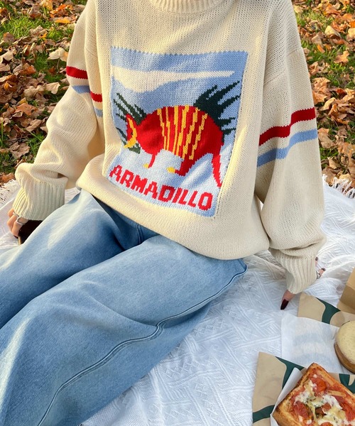 Chillfar（チルファー）の「ロゴジャガードライン入りニット（ニット/セーター・レディース・ネイビー/アイボリー/グレー・FREE）」の6枚目の写真