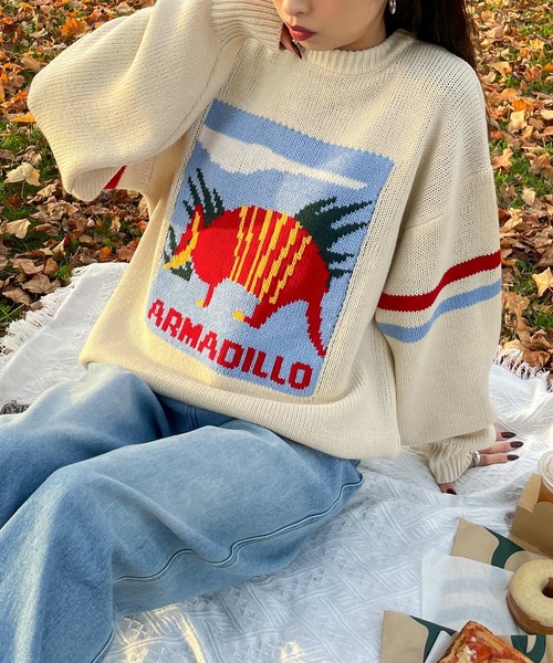 Chillfar（チルファー）の「ロゴジャガードライン入りニット（ニット/セーター・レディース・ネイビー/アイボリー/グレー・FREE）」の7枚目の写真