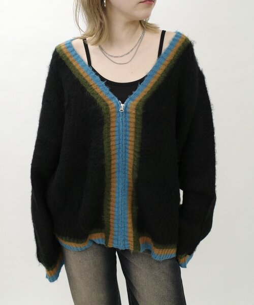 WHO'S WHO gallery(フーズフーギャラリー)の「※2サイズ【UNISEX/ユニセックス】KOOK'ラインモヘアジップカーディガン(カーディガン/ボレロ・レディース・パープル/ブラック・MEDIUM)」の7枚目の写真