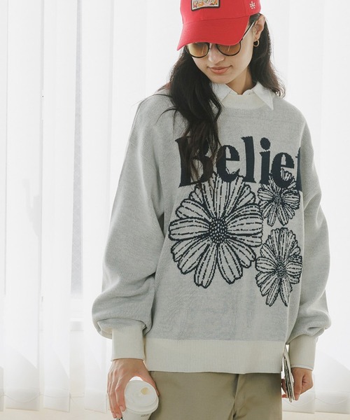 セール】SUGGESTION/サジェッション フラワージャガードクルーニット