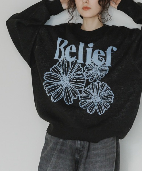 SUGGESTION/サジェッション フラワージャガードクルーニット（ニット