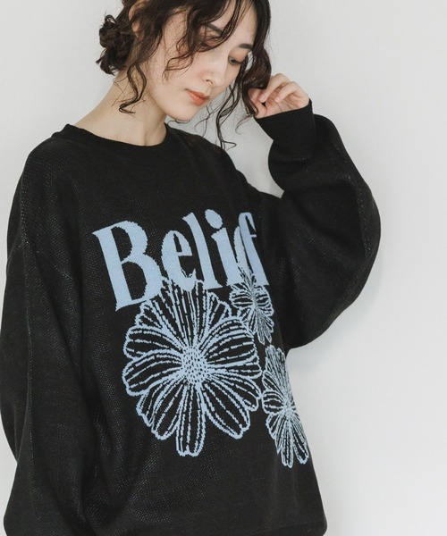 セール】SUGGESTION/サジェッション フラワージャガードクルーニット