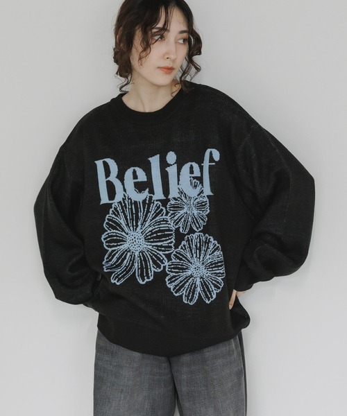 SUGGESTION/サジェッション フラワージャガードクルーニット（ニット