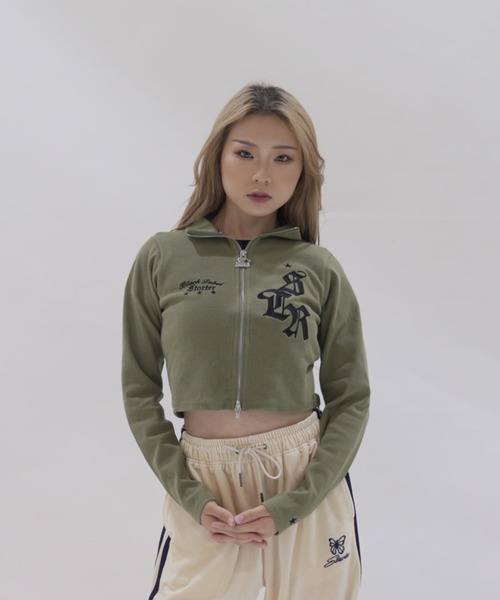 STARTER BLACK LABEL(スターターブラックレーベル)の「≪2サイズ展開/レディース≫STARTER BLACK LABEL テレコフルジップ ショート丈 スタンドネック ショートセーター(パーカー・レディース・ブラック/カーキ・MEDIUM/LARGE)」の1枚目の写真