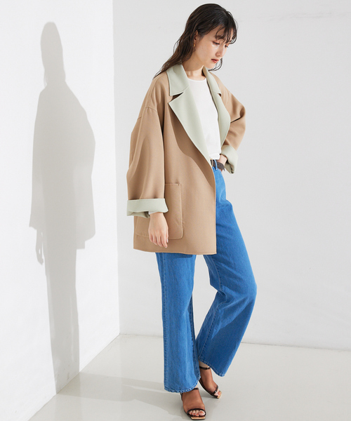 qualite（カリテ）の「【リバーシブル可能】バイカラーリバーシブルコート/軽アウター/秋服（ノーカラーコート・レディース・ベージュ・フリー）」の2枚目の写真