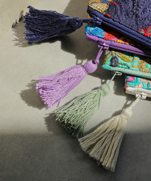 刺繍 サリーパッチワーク フリンジ フラット ポーチ インド