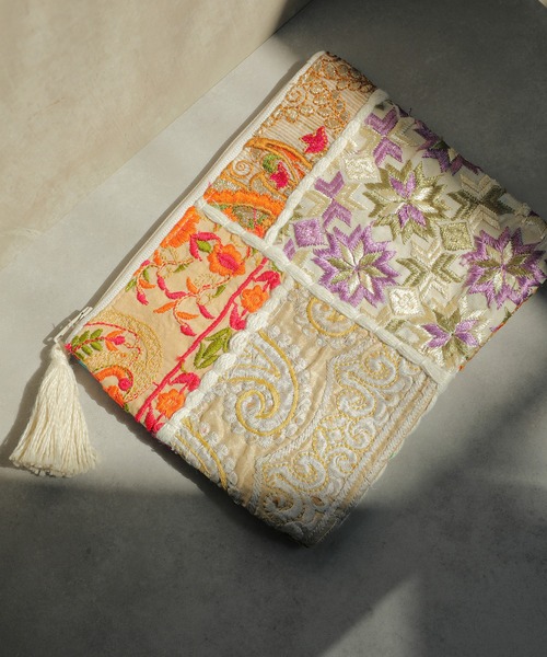 セール】刺繍 サリーパッチワーク フリンジ フラット ポーチ