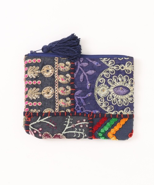刺繍 サリーパッチワーク フリンジ フラット ポーチ インド