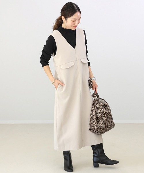 Aletta vita(アレッタビータ)の「裏起毛2WAYサロペットワンピース(ワンピース・レディース・ブラック/ベージュ・F)」の6枚目の写真