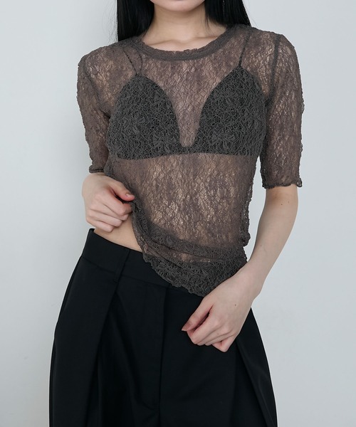 le ELMi(ルエルミ)の「Sheer lace compact t-shirt / シアーレースコンパクトTシャツ(Tシャツ/カットソー・レディース・ブラック/ブラウン/オフホワイト/ブルー・FREE)」の3枚目の写真