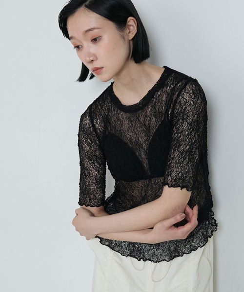 le ELMi(ルエルミ)の「Sheer lace compact t-shirt / シアーレースコンパクトTシャツ(Tシャツ/カットソー・レディース・ブラック/ブラウン/オフホワイト/ブルー・FREE)」の2枚目の写真