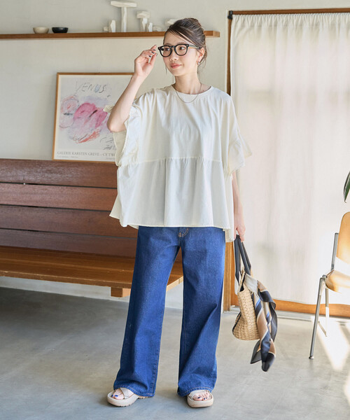 FREAK'S STORE(フリークスストア)の「限定展開 ピグメント加工 ドッキング フリル トップス(Tシャツ/カットソー・レディース・オフホワイト/ブルー/スミクロ/ベージュ/イエロー/グリーン・フリ-)」の18枚目の写真