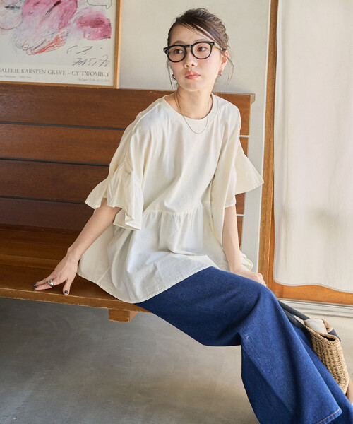 FREAK'S STORE(フリークスストア)の「限定展開 ピグメント加工 ドッキング フリル トップス(Tシャツ/カットソー・レディース・オフホワイト/ブルー/スミクロ/ベージュ/イエロー/グリーン・フリ-)」の13枚目の写真