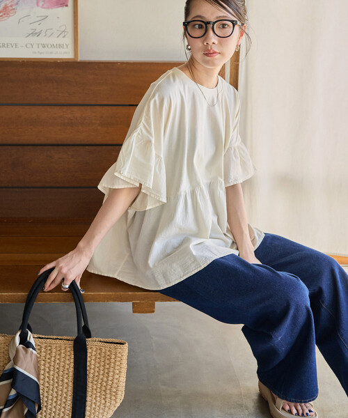 FREAK'S STORE(フリークスストア)の「限定展開 ピグメント加工 ドッキング フリル トップス(Tシャツ/カットソー・レディース・オフホワイト/ブルー/スミクロ/ベージュ/イエロー/グリーン・フリ-)」の12枚目の写真