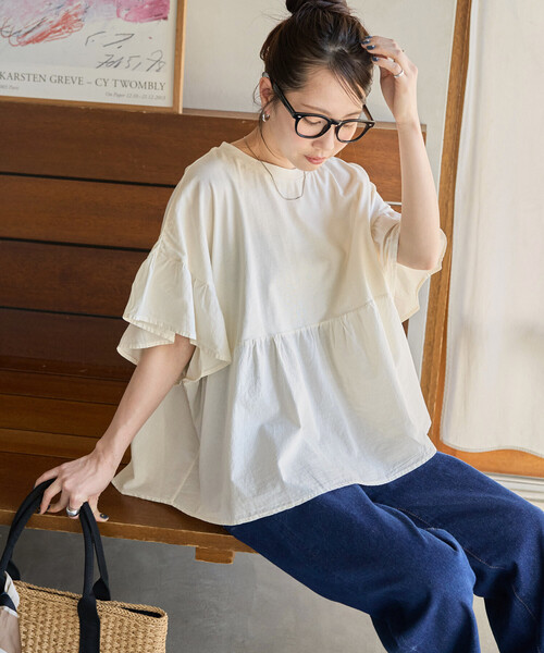 FREAK'S STORE(フリークスストア)の「限定展開 ピグメント加工 ドッキング フリル トップス(Tシャツ/カットソー・レディース・オフホワイト/ブルー/スミクロ/ベージュ/イエロー/グリーン・フリ-)」の11枚目の写真