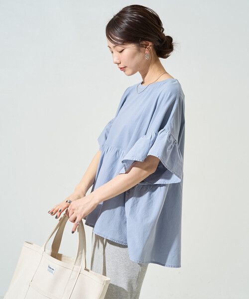 FREAK'S STORE(フリークスストア)の「限定展開 ピグメント加工 ドッキング フリル トップス(Tシャツ/カットソー・レディース・オフホワイト/ブルー/スミクロ/ベージュ/イエロー/グリーン・フリ-)」の9枚目の写真