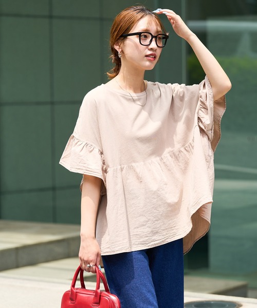 FREAK'S STORE(フリークスストア)の「限定展開 ピグメント加工 ドッキング フリル トップス(Tシャツ/カットソー・レディース・オフホワイト/ブルー/スミクロ/ベージュ/イエロー/グリーン・フリ-)」の1枚目の写真