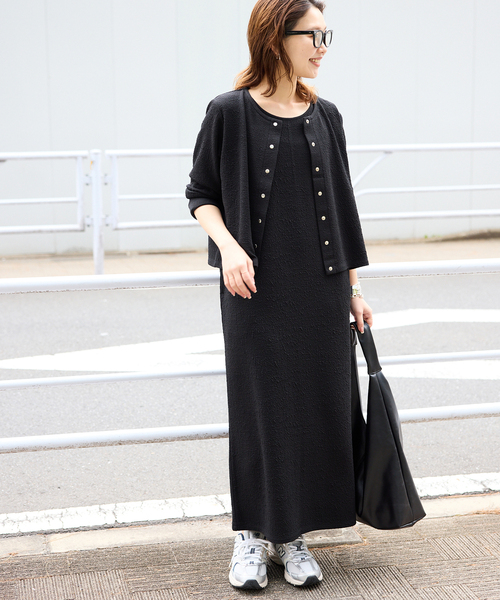 SLOBE IENA(スローブイエナ)の「《2枚セット》ジャージースナップカーディガン×ノースリーブワンピース(ワンピース・レディース・ブラック/ブラウン・FREE)」の3枚目の写真
