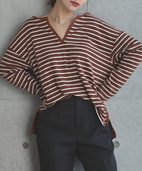 【新品未使用】 FENNEL キーネックコットンカットソー キーネックボーダーカットソー（Tシャツ/カットソー