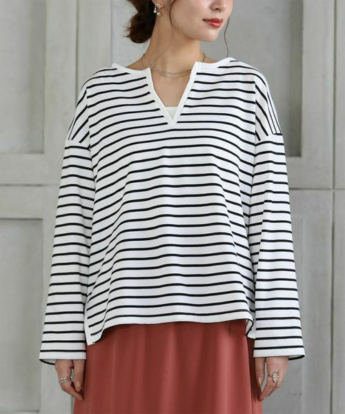 【新品未使用】 FENNEL キーネックコットンカットソー キーネックボーダーカットソー（Tシャツ/カットソー